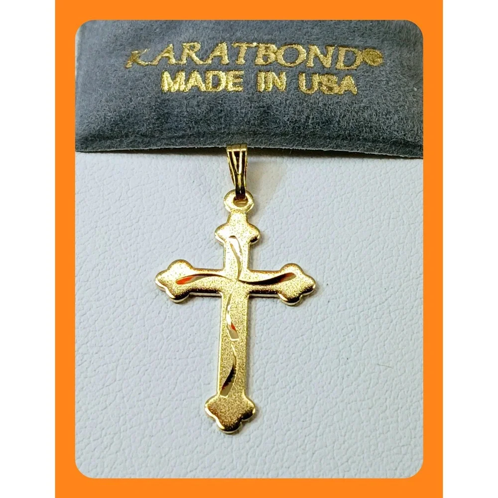 Karatbond Vintage Gold Y2K Diamond Cut Cross Necklace Pendant Made USA NOS New